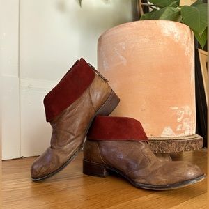 Anthropologie Schuler & Sons Fold Over Ankle Boot - Brown Leather Burgundy Suede